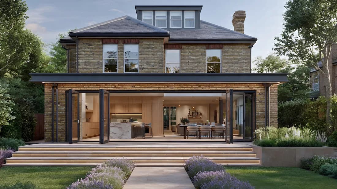 Luxury rear home extension in Hampstead, London — full-width bifold doors open to a landscaped garden with lavender; oak kitchen and marble island visible inside, by Sovran Group